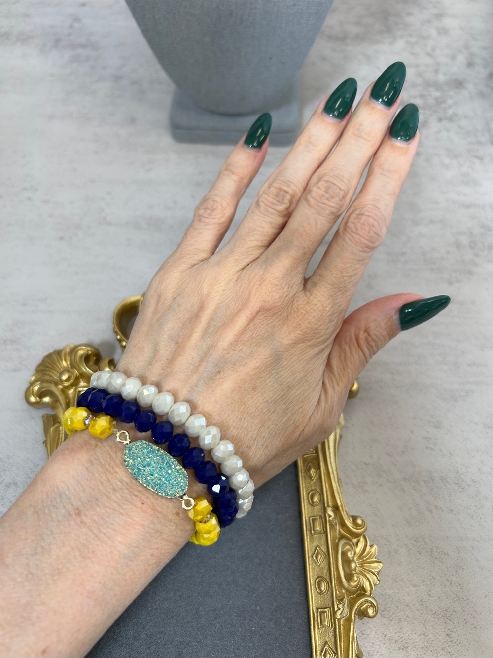 Bundle of Stacked Yellow, Navy & White Crystal Beaded Bracelets